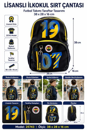 Fenerbahçe 1907 Lisanslı İlkokul Okul Sırt Çantası 25743 Futbol Takımı Taraftar 38x28x16 cm
