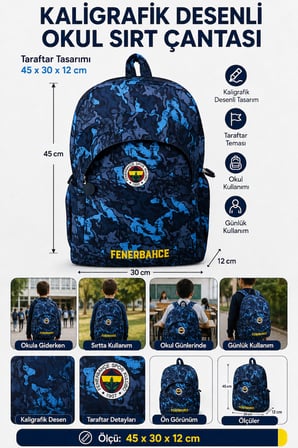 Fenerbahçe Kaligrafik Desenli Okul Sırt Çantası Taraftar Öğrenci Günlük Çanta 45x30x12 cm