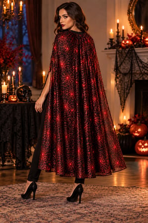 Halloween Pelerin Kırmızı Örümcek Ağı Desenli 130 cm Cadılar Bayramı Yetişkin Çocuk Cadı Kostümü