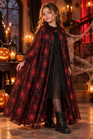 Halloween Pelerin Kırmızı Örümcek Ağı Desenli 130 cm Cadılar Bayramı Yetişkin Çocuk Cadı Kostümü