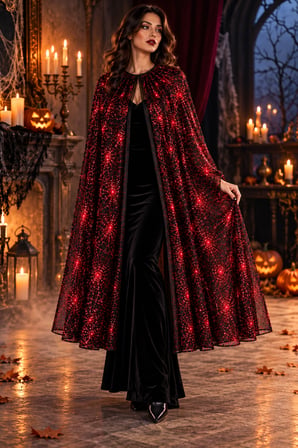 Halloween Pelerin Kırmızı Örümcek Ağı Desenli 130 cm Cadılar Bayramı Yetişkin Çocuk Cadı Kostümü