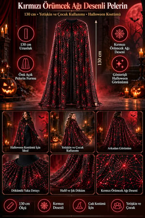 Halloween Pelerin Kırmızı Örümcek Ağı Desenli 130 cm Cadılar Bayramı Yetişkin Çocuk Cadı Kostümü