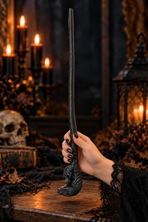 Halloween Yılan Başlı Cadı Asası Mat Siyah 44 Cm Cadılar Bayramı Cadı ve Büyücü Kostüm Aksesuarı
