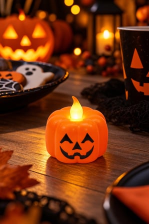 Halloween LED Balkabağı Mum Pilli Işıklı Turuncu Dekoratif Cadılar Bayramı Masa Dekoru 5x5 cm