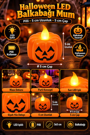 Halloween LED Balkabağı Mum Pilli Işıklı Turuncu Dekoratif Cadılar Bayramı Masa Dekoru 5x5 cm