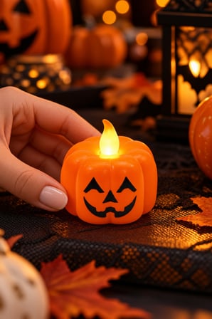 Halloween LED Balkabağı Mum Pilli Işıklı Turuncu Dekoratif Cadılar Bayramı Masa Dekoru 5x5 cm