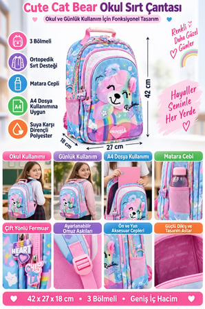 Okul Sırt Çantası Pembe Cute Cat Bear 3 Bölmeli Ortopedik Matara Cepli 42x27x18cm