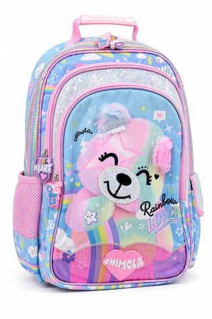 Okul Sırt Çantası Pembe Cute Cat Bear 3 Bölmeli Ortopedik Matara Cepli 42x27x18cm