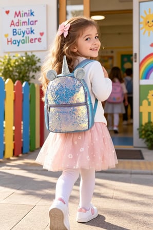 Anaokulu Sırt Çantası Pullu Unicorn 28x22x10 cm Çocuk Oyun Okulu Çantası
