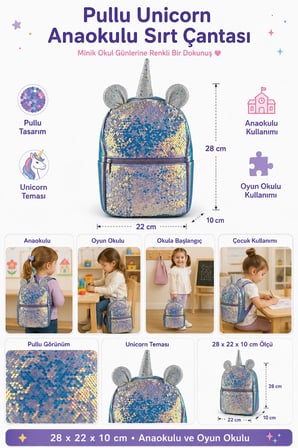 Anaokulu Sırt Çantası Pullu Unicorn 28x22x10 cm Çocuk Oyun Okulu Çantası
