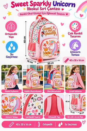 İlkokul Sırt Çantası Sweet Sparkly Unicorn Ortopedik Su Geçirmez 40x30x16cm