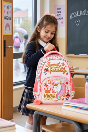 İlkokul Sırt Çantası Sweet Sparkly Unicorn Ortopedik Su Geçirmez 40x30x16cm