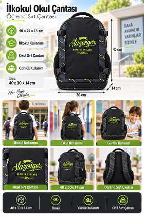 İlkokul Okul Çantası Slazenger Öğrenci Günlük Sırt Çantası 40x30x14 cm