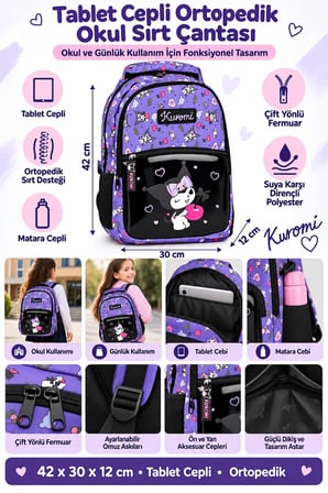 Okul Sırt Çantası Kuromi Tablet Cepli Ortopedik Çift Fermuarlı 42x30x12cm