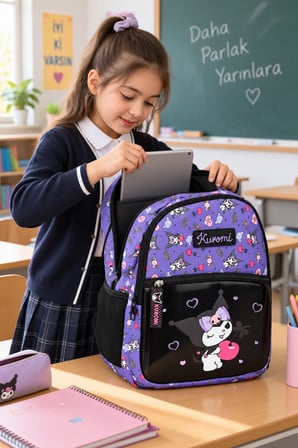 Okul Sırt Çantası Kuromi Tablet Cepli Ortopedik Çift Fermuarlı 42x30x12cm