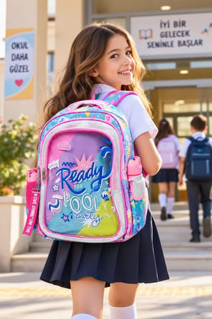 Okul Sırt Çantası Party Pembe 3 Bölmeli Ortopedik Matara Cepli 42x30x15 cm
