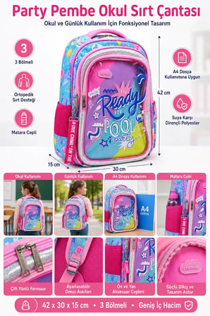 Okul Sırt Çantası Party Pembe 3 Bölmeli Ortopedik Matara Cepli 42x30x15 cm