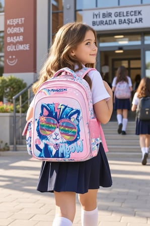 Kız Çocuk İlkokul Sırt Çantası Pembe Kedi Desenli Ortopedik 3 Bölmeli Matara Cepli 42x30x15 cm