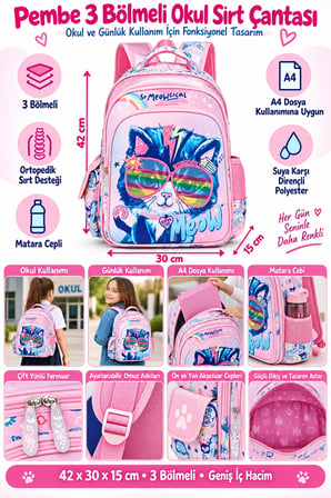 Kız Çocuk İlkokul Sırt Çantası Pembe Kedi Desenli Ortopedik 3 Bölmeli Matara Cepli 42x30x15 cm