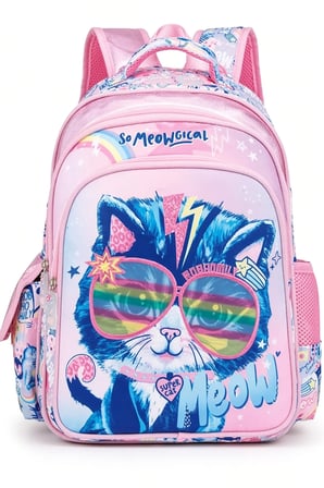 Kız Çocuk İlkokul Sırt Çantası Pembe Kedi Desenli Ortopedik 3 Bölmeli Matara Cepli 42x30x15 cm