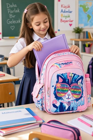 Kız Çocuk İlkokul Sırt Çantası Pembe Kedi Desenli Ortopedik 3 Bölmeli Matara Cepli 42x30x15 cm