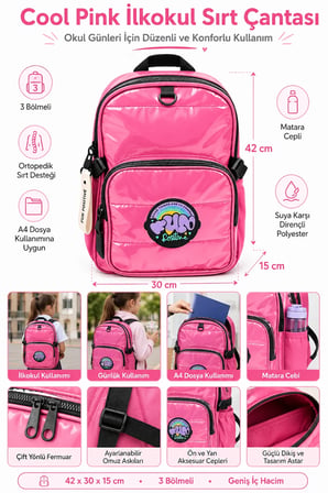 Kız Çocuk İlkokul Sırt Çantası Cool Pink Pembe 3 Bölmeli Ortopedik Matara Cepli 42x30x15 cm