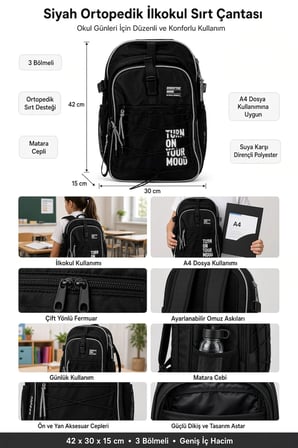 İlkokul Sırt Çantası Hiking Black Siyah Ortopedik 3 Bölmeli Matara Cepli A4 Uyumlu 42x30x15 cm