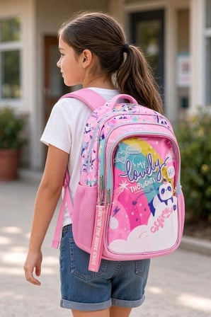 Kız Çocuk İlkokul Sırt Çantası Panda Pembe 3 Bölmeli Ortopedik Matara Cepli A4 Uyumlu 42x30x15cm