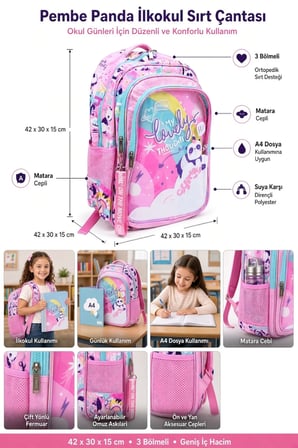 Kız Çocuk İlkokul Sırt Çantası Panda Pembe 3 Bölmeli Ortopedik Matara Cepli A4 Uyumlu 42x30x15cm