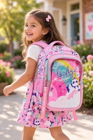Kız Çocuk İlkokul Sırt Çantası Panda Pembe 3 Bölmeli Ortopedik Matara Cepli A4 Uyumlu 42x30x15cm