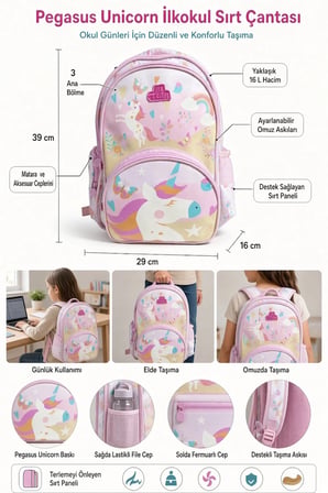Kız Çocuk İlkokul Sırt Çantası Pegasus Unicorn Baskılı 3 Bölmeli 16L Matara Cepli 39x29x16cm