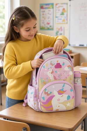 Kız Çocuk İlkokul Sırt Çantası Pegasus Unicorn Baskılı 3 Bölmeli 16L Matara Cepli 39x29x16cm