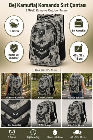 Komando Sırt Çantası Bej Renk Kamuflaj 3 Gözlü Kamp ve Outdoor 46x32x18 cm