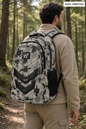 Komando Sırt Çantası Bej Renk Kamuflaj 3 Gözlü Kamp ve Outdoor 46x32x18 cm