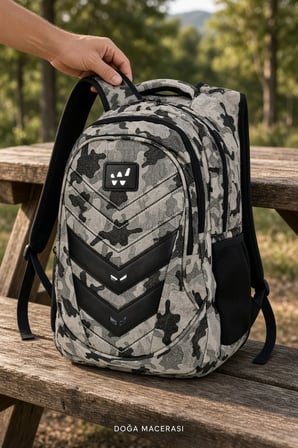 Komando Sırt Çantası Bej Renk Kamuflaj 3 Gözlü Kamp ve Outdoor 46x32x18 cm