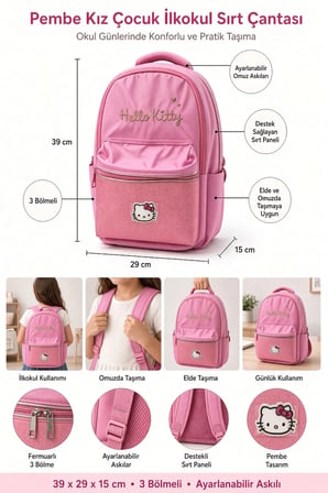 Kız Çocuk İlkokul Sırt Çantası Hello Kitty Pembe 3 Bölmeli Ayarlanabilir Askılı 39x29x15 cm