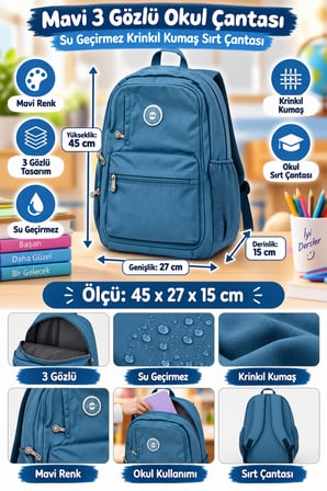 Mavi Okul Çantası 3 Gözlü Su Geçirmez Öğrenci Sırt Çantası Krinkıl Kumaş 45 x 27 x 15