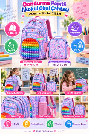 İlkokul Okul Çantası Dondurma Popitli 3 Gözlü Çocuk Beslenme Çantalı 2'li Set 40x26x10cm