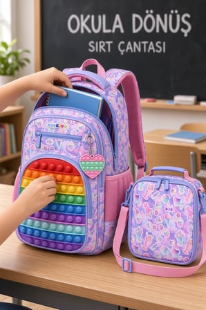 İlkokul Okul Çantası Dondurma Popitli 3 Gözlü Çocuk Beslenme Çantalı 2'li Set 40x26x10cm