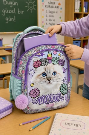 Pretty Cat Su Geçirmez İlkokul Okul Çantası 2 Bölmeli Öğrenci Sırt Çantası 42 x 30 x 15 cm