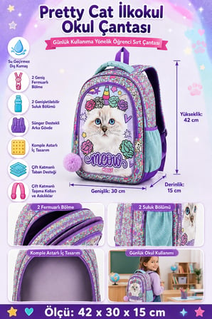 Pretty Cat Su Geçirmez İlkokul Okul Çantası 2 Bölmeli Öğrenci Sırt Çantası 42 x 30 x 15 cm