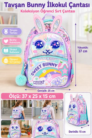 Tavşan Kulaklı Sweet Bunny Pembe İlkokul Okul Çantası 37 x 25 x 15 cm