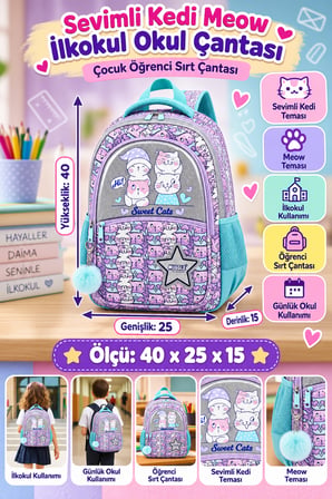 Sevimli Kedi Meow İlkokul Okul Çantası Çocuk Öğrenci Sırt Çantası Günlük Kullanım 40 x 25 x 15