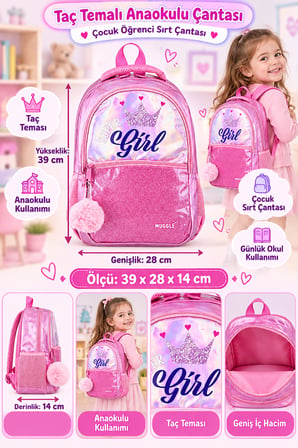Super Girl Kraliçe Queen İlkokul Okul Çantası Çocuk Sırt Çantası Günlük Kullanım 39 x 28 x 14 cm
