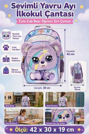 Sevimli Yavru Ayı Cute Cub Bear İlkokul Okul Çantası Öğrenci Sırt Çantası 42 x 30 x 19