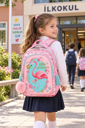 Flamingo Kız Çocuk İlkokul Çantası Pembe Çiçek Desenli Yan Cepli Sırt Çantası 42 x 25 x 14 cm