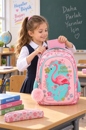 Flamingo Kız Çocuk İlkokul Çantası Pembe Çiçek Desenli Yan Cepli Sırt Çantası 42 x 25 x 14 cm