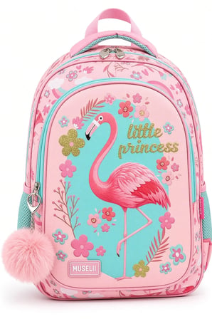 Flamingo Kız Çocuk İlkokul Çantası Pembe Çiçek Desenli Yan Cepli Sırt Çantası 42 x 25 x 14 cm