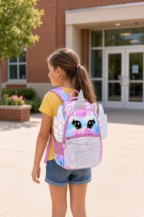 Kız Çocuk İlkokul Sırt Çantası Unicorn Pembe Mavi Kanatlı Boynuzlu Pullu Model 40 x 30 x 15 cm
