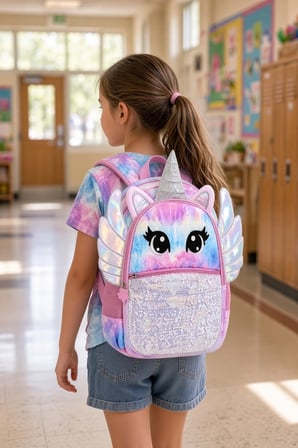 Kız Çocuk İlkokul Sırt Çantası Unicorn Pembe Mavi Kanatlı Boynuzlu Pullu Model 40 x 30 x 15 cm